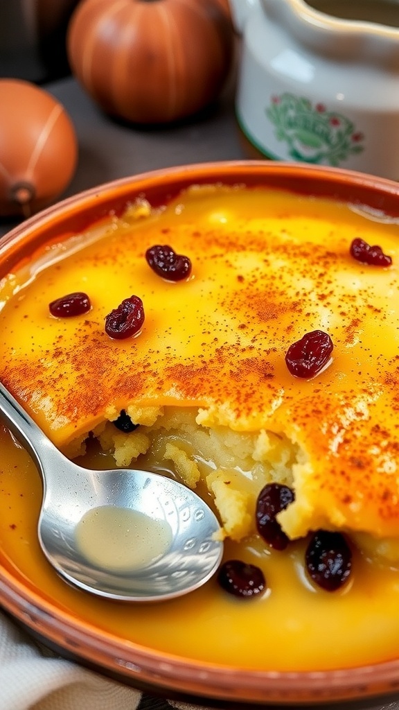 A warm bread custard topped with raisins and cinnamon in a rustic bowl.